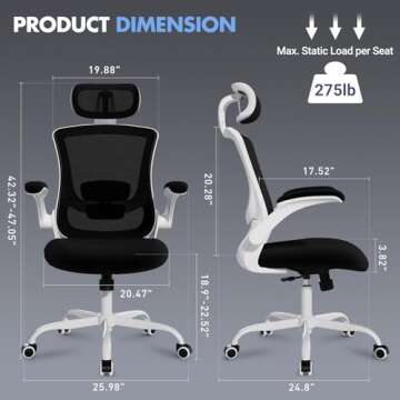 Ergonomic Office Chair with Adjustable Lumbar Support & Headrest, High Back Mesh Desk Chair with Flip-Up Armrests, Breathable & Comfortable Computer Chair for Home, Office & Study –Black