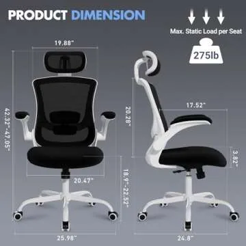 Ergonomic Office Chair with Adjustable Lumbar Support & Headrest, High Back Mesh Desk Chair with Flip-Up Armrests, Breathable & Comfortable Computer Chair for Home, Office & Study –Black