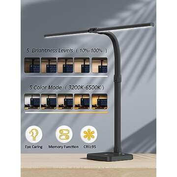 AKRRYR LED Desk Lamp for Home Office, Double Head 24W with Base, Architect Light 5 Lighting Brightne...
