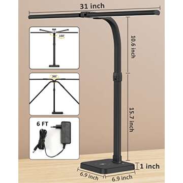 AKRRYR LED Desk Lamp for Home Office, Double Head 24W with Base, Architect Light 5 Lighting Brightness Flexible Gooseneck Table Reading Study, Black
