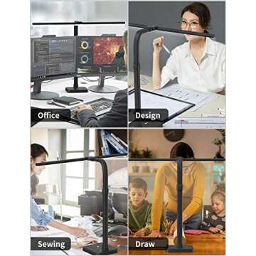 AKRRYR LED Desk Lamp for Home Office, Double Head 24W with Base, Architect Light 5 Lighting Brightness Flexible Gooseneck Table Reading Study, Black