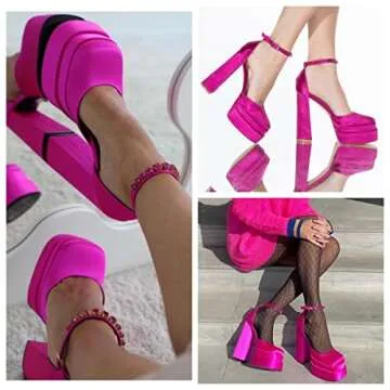 Onlymaker Fashion Women's Chunky High Heel Square Toe Sandals Satin Platform Ankle Strap Stiletto Shoes Pink Size 6