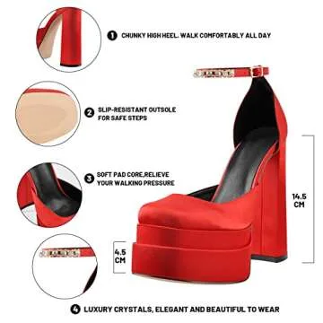 Onlymaker Fashion Women's Chunky High Heel Square Toe Sandals Satin Platform Ankle Strap Stiletto Shoes Pink Size 6