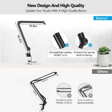 Bietrun Mic Arm Desk Mount(Longer)for Shure SM7B/MV7/Blue Yeti/Nano/Hyperx Quadcast, Adjustable 360° Rotatable Universal Heavy Duty Metal Mic Arm with 3/8" to 5/8" Adapter, Cable Trough, Headset Hook