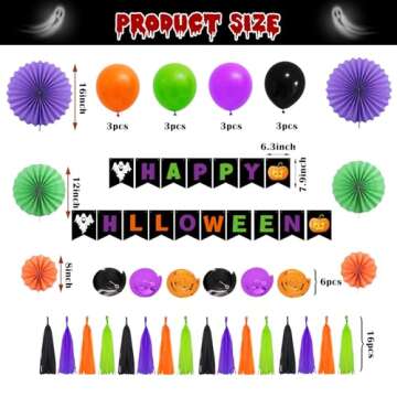 Halloween Trunk or Treat Car Decorations Kit with LED Lights, Happy Halloween Theme Design Car Archway Garage Decoration with Banner, Paper Fans, Balloons, Tassel, Spiral Band and Pumpkin Stickers