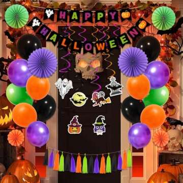 Halloween Trunk or Treat Car Decorations Kit with LED Lights, Happy Halloween Theme Design Car Archway Garage Decoration with Banner, Paper Fans, Balloons, Tassel, Spiral Band and Pumpkin Stickers