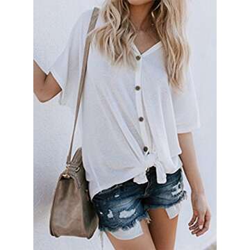 MIHOLL Womens Loose Blouse Short Sleeve V Neck Button Down T Shirts Tie Front Knot Casual Tops