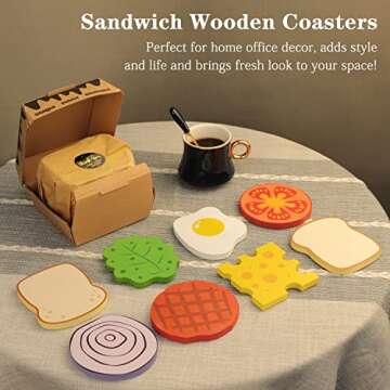 Yuseful Sandwich Funny Coasters for Drinks, Sets of 8 Wood Coasters with Non-Slip Pads, Cool Coaster...