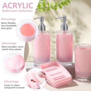 Pink Bathroom Accessories Set 6Pcs, Acrylic Soap Dispensers 2Pcs, Soap Dish, Toothbrush Holder, Tumb...