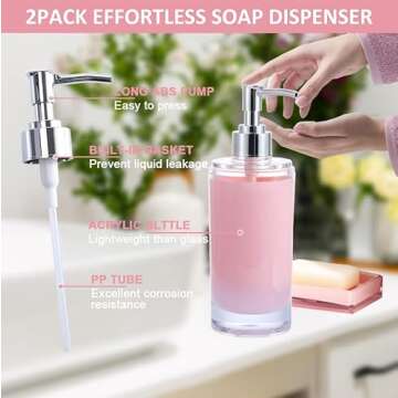 Pink Bathroom Accessories Set 6Pcs, Acrylic Soap Dispensers 2Pcs, Soap Dish, Toothbrush Holder, Tumbler, Waterproof Labels, Sink Countertop Set, Cute Bathroom Decor, Housewarming Gift