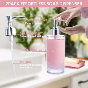 Pink Bathroom Accessories Set 6Pcs, Acrylic Soap Dispensers 2Pcs, Soap Dish, Toothbrush Holder, Tumbler, Waterproof Labels, Sink Countertop Set, Cute Bathroom Decor, Housewarming Gift