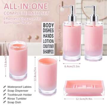 Pink Bathroom Accessories Set 6Pcs, Acrylic Soap Dispensers 2Pcs, Soap Dish, Toothbrush Holder, Tumbler, Waterproof Labels, Sink Countertop Set, Cute Bathroom Decor, Housewarming Gift