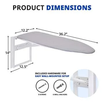 Ivation Wall-Mounted Ironing Board | Foldable 36.2” x 12.2”, Fold Down Ironing Station for Home, Apartment & Dorms, Easy-Release Lever, Removable Cotton Cover, Mounting Hardware Included