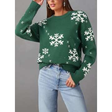 Dokotoo Ugly Christmas Sweaters for Women 2024 Relaxed Fall Fashion Holiday Sweaters Long Sleeve Crewneck Funny Christmas Pullover Sweaters Cute Cozy Xmas Snowflake Sweater Tops Dark Green S