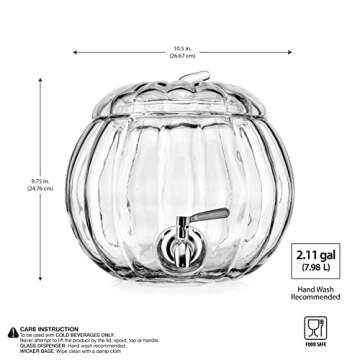 Home To Table 2.11 Gallon Clear Glass Pumpkin Ice Cold Jug Beverage Dispenser With Stainless Steel Easy Flow Spigot/Trick Or Treat Bowl Great For Outdoors, Parties, Bars & Daily Use