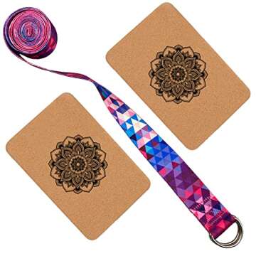 Aozora Cork Yoga Block Sustainable & Eco Friendly 2 Pack and Yoga Strap Set Made of The Finest Natur...