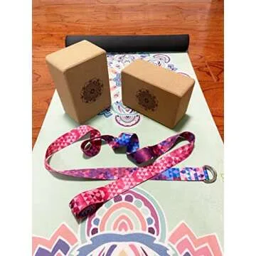 Aozora Cork Yoga Block Sustainable & Eco Friendly 2 Pack and Yoga Strap Set Made of The Finest Natural Cork for Better Support, Balance & Comfort (Mandala, 9 * 6 * 4（2pack）)