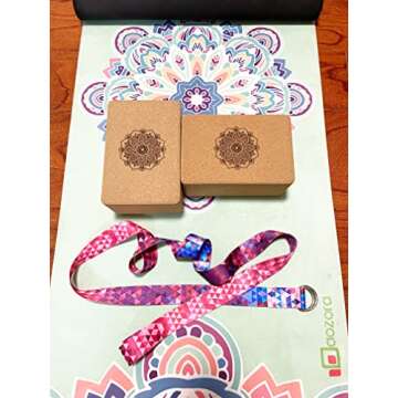 Aozora Cork Yoga Block Sustainable & Eco Friendly 2 Pack and Yoga Strap Set Made of The Finest Natural Cork for Better Support, Balance & Comfort (Mandala, 9 * 6 * 4（2pack）)