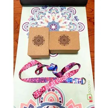 Aozora Cork Yoga Block Sustainable & Eco Friendly 2 Pack and Yoga Strap Set Made of The Finest Natural Cork for Better Support, Balance & Comfort (Mandala, 9 * 6 * 4（2pack）)