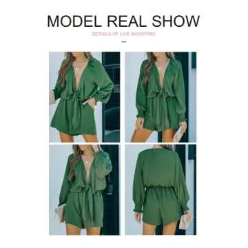 Bdcoco Womens Plunge V Neck Tie Front Jumpsuits Lantern Long Sleeve Short Romper with Pockets