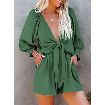 Bdcoco Womens Plunge V Neck Tie Front Jumpsuits Lantern Long Sleeve Short Romper with Pockets