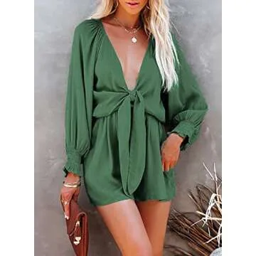Bdcoco Womens Plunge V Neck Tie Front Jumpsuits Lantern Long Sleeve Short Romper with Pockets