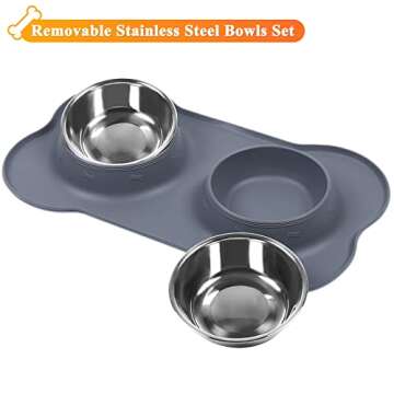 VIVAGLORY Dog Bowls, Dog Food Bowls, Stainless Steel Cat Puppy Water Bowls with Non Spill Skid Resistant Silicone Mat, Medium, Gray