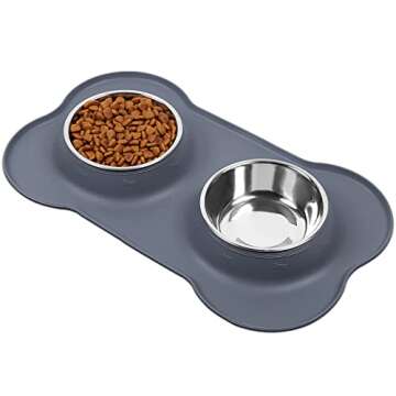 VIVAGLORY Dog Bowls, Dog Food Bowls, Stainless Steel Cat Puppy Water Bowls with Non Spill Skid Resistant Silicone Mat, Medium, Gray
