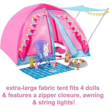 Barbie Dolls & 20 Accessories, It Takes Two Camping Tent Playset with Brooklyn & Malibu, Plus 2 Moving Animals