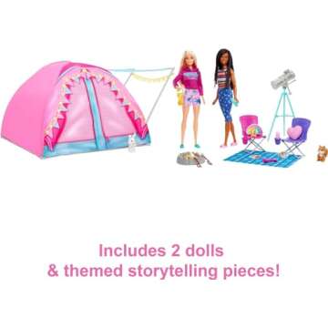 Barbie Dolls & 20 Accessories, It Takes Two Camping Tent Playset with Brooklyn & Malibu, Plus 2 Moving Animals