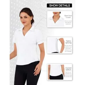 Women's Golf Polo Shirt V Neck White Collared Shirts Lightweight Quick Dry Workout Daily Work Shirts Tops L