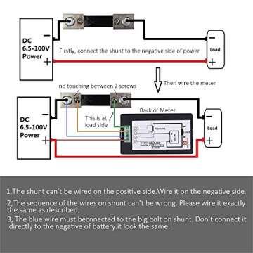 MICTUNING DC 6.5-100V 0-100A LCD Digital Display Ammeter Voltmeter Multimeter Volt Watt Power Energy Meter Blue with 100A 75mV Shunt