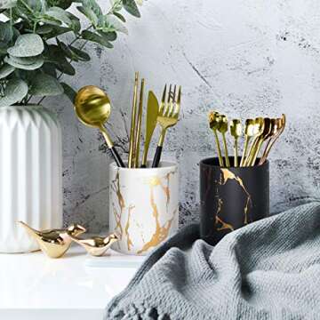 Pen Holder for Girls, WAVEYU Stand for Desk Marble Pattern Pencil Cup for Kids Ceramic Desk Organize...