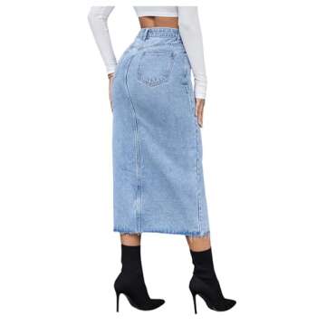 SweatyRocks Women's Casual High Waist Denim Skirt Split Hem Raw Trim Midi Jean Skirts Light Wash