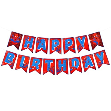 AccontOche Spider Superhero Happy Birthday Banner Bunting, Reusable Swallowtail Flag High Chair Bann...
