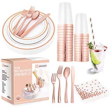 SIRSIMON 250 Piece Disposable Rose Gold Plastic Dinnerware Set - 50 Rose Gold Plastic Plates - 25 Ro...