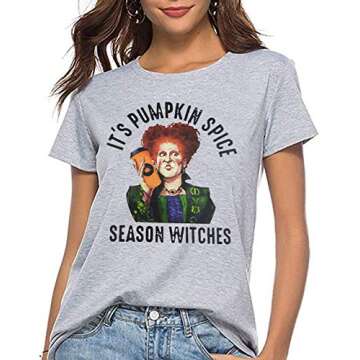 It's Pumpkin Spice Season Witches Shirt Women Halloween Graphic Fall Shirts Letter Print Short Sleeve Tee Tops (Gray XL)