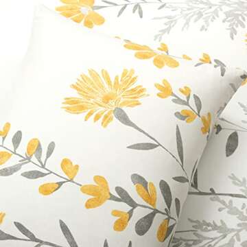 Lush Decor Aprile Reversible Soft Cotton Duvet Cover, 3 Piece Set, Full/ Queen, Yellow & Gray - Spring Bedding Set - Yellow Flower & Leaf Print - Floral Duvet Cover - Cottage & Farmhouse Bedroom Decor