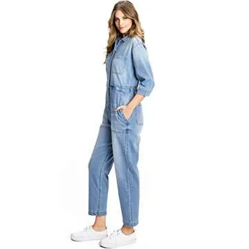Lana Roux Womens Aviator Utility Relaxed Straight-Leg Denim Coverall Jumpsuit (Light Denim, X-Small)
