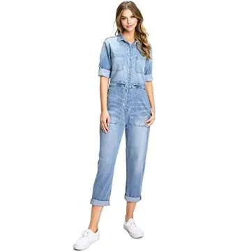 Lana Roux Womens Aviator Utility Relaxed Straight-Leg Denim Coverall Jumpsuit (Light Denim, X-Small)