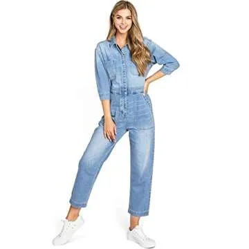 Lana Roux Womens Aviator Utility Relaxed Straight-Leg Denim Coverall Jumpsuit (Light Denim, X-Small)