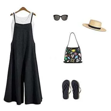 Aedvoouer Women's Overalls Casual Linen Jumpsuits Wide Leg Loose Pants Baggy Bib Rompers,L,A-suspender Black