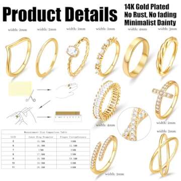 Elegant 10 PCS 14K Gold Plated Ring Set for Women - Stacking Knuckle Rings