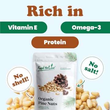Food to Live Organic Pine Nuts, 1 Pound – Non-GMO, Whole Raw Pignolias, Unsalted, No Shell, Vegan, Kosher, Bulk Snack. Rich in Vitamin E, Protein. Great for Pesto, Salads, Homemade Desserts