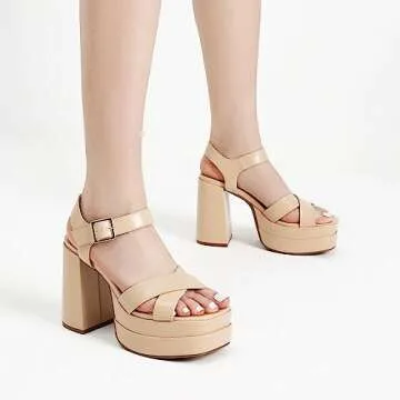DREAM PAIRS Women's Platform Chunky Heels Square Open Toe Ankle Strap High Heeled Sandals Y2K Shoes for Party Brunch SDHS2330W Nude Size7.5
