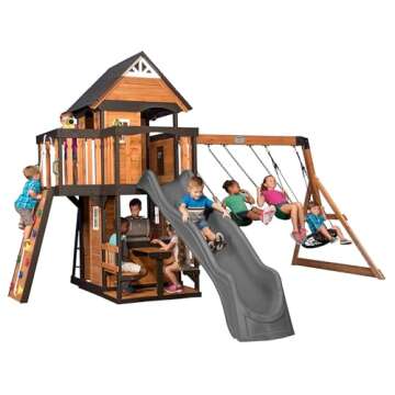 Backyard Discovery Canyon Creek Cedar Wood Swing Set with Wave Slide, Clubhouse, Play Kitchen, Picni...