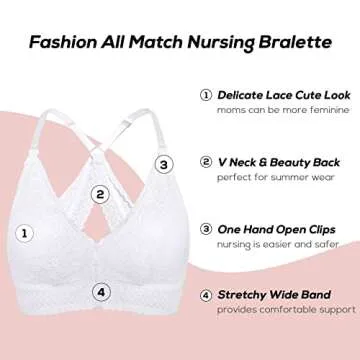 MOMANDA Women's Wireless Maternity Nursing Lace Bralette Bra Racerback Deep V White Small (32C 32D 34A 34B)