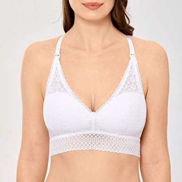 MOMANDA Women's Wireless Maternity Nursing Lace Bralette Bra Racerback Deep V White Small (32C 32D 34A 34B)