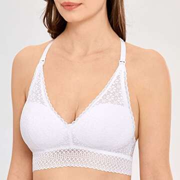 MOMANDA Women's Wireless Maternity Nursing Lace Bralette Bra Racerback Deep V White Small (32C 32D 34A 34B)