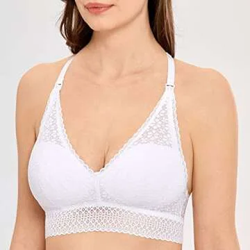MOMANDA Women's Wireless Maternity Nursing Lace Bralette Bra Racerback Deep V White Small (32C 32D 34A 34B)